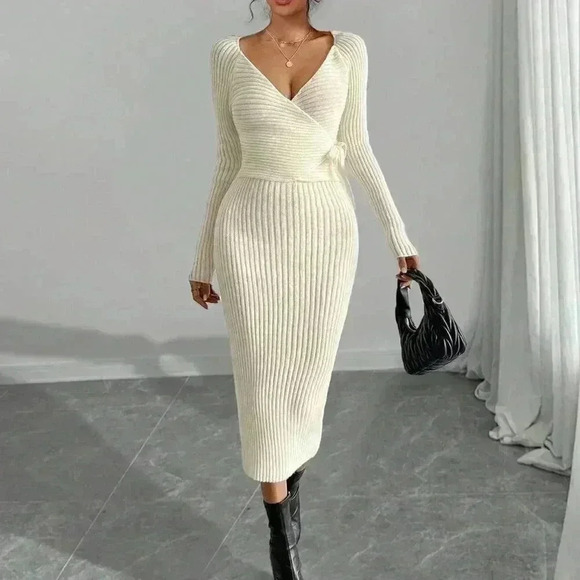 Beige Elegant Women's Stylish Knit V-Neck Cross-Tie Slimming Maxi Dress - Picture 1 of 7